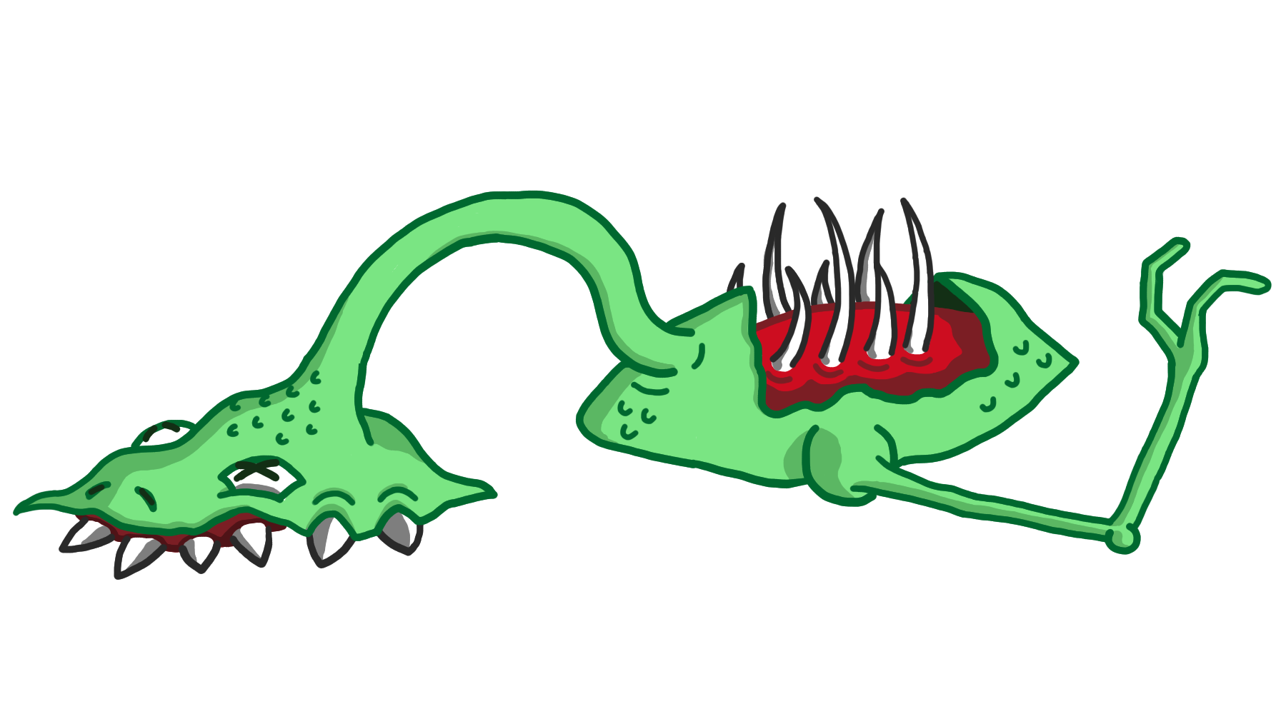 A cartoon drawing of a green lizard-like creature with a long neck and single arm. It appears to be dead, with its innards exposed and ribs poking out of its back.