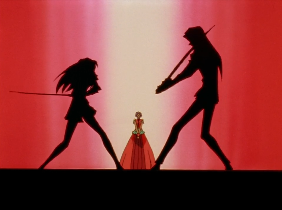 Two black silhouettes face off with swords against a glowing red backdrop, one with long flowing hair and one taller figure raising a sword, while Anthy stands small between them in a long red dress.