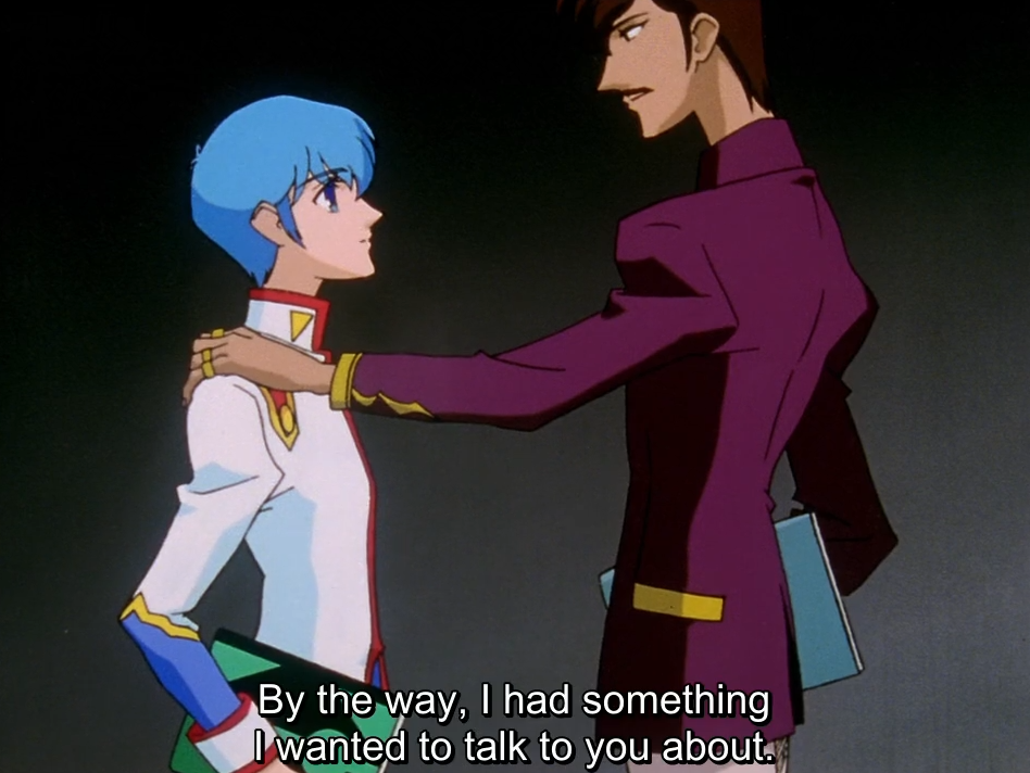 A teacher in a maroon suit, holding a book under his arm, rests a hand on Miki’s shoulder as Miki looks up at him. The subtitle reads “By the way, I had something I wanted to talk to you about.”