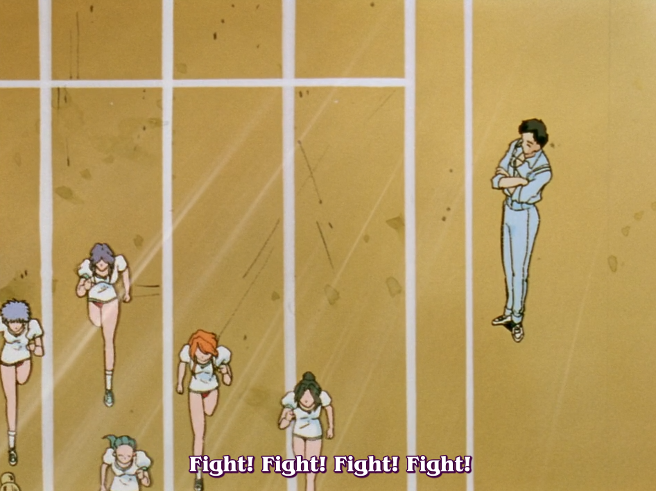 An overhead shot of girls in PE uniforms running laps on a track while a teacher in a blue tracksuit stands with his arms folded. The subtitle, from another translation, reads “Fight! Fight! Fight! Fight!”