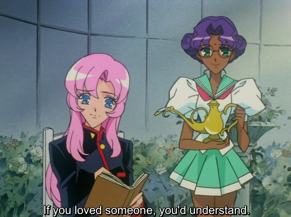 Utena sits reading a book in the greenhouse while Anthy stands behind her holding a golden watering can and smiling. The subtitle reads "If you loved someone, you'd understand."