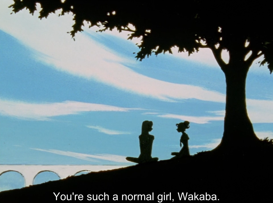 Utena and Wakaba sit silhouetted on a grassy hillside under a large tree, with a blue sky and an arched aqueduct behind them. The subtitle reads "You're such a normal girl, Wakaba."