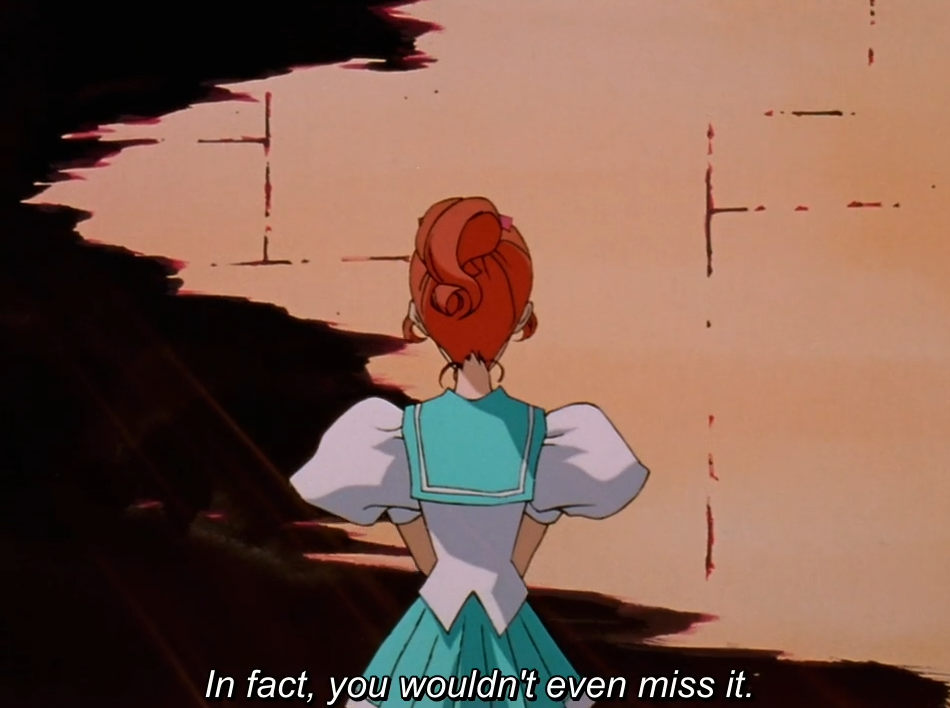 Wakaba, seen from behind in her school uniform, stands before a ruined orange wall as darkness creeps in from the edges. The subtitle reads “In fact, you wouldn’t even miss it.”