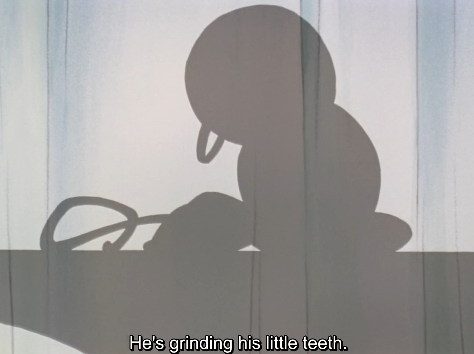 A grey shadow cast on a pale curtain: a small, rounded, hunched figure beside a looped cord. The subtitle reads "He's grinding his little teeth."