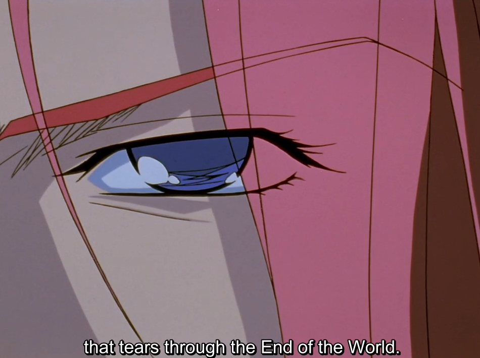 Extreme close-up of Touga’s blue eye beneath strands of long red hair. The subtitle reads “that tears through the End of the World.”