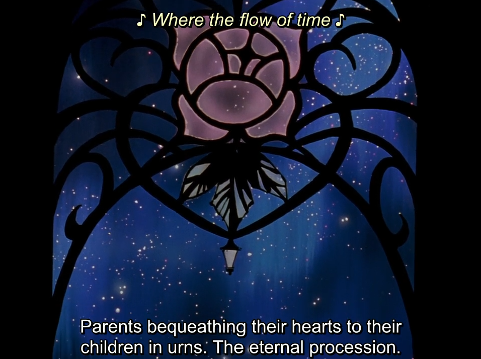 A wrought-iron frame with a pink rose at its top, set against a starry blue night sky, with a small lantern hanging below. The song lyric at the top reads “♪ Where the flow of time ♪” and the subtitle reads “Parents bequeathing their hearts to their children in urns. The eternal procession.”