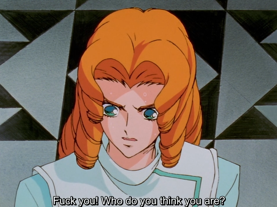 A close-up of Juri glaring, her orange curls framing her face, against a black and grey geometric background. The subtitle reads “Fuck you! Who do you think you are?”