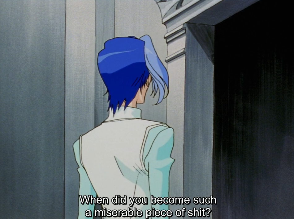 Ruka, with short blue hair, seen from behind as he faces a dark doorway. The subtitle reads “When did you become such a miserable piece of shit?”