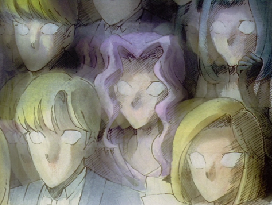 A sketchy, watercolour-textured frame from the ball in episode 3: a crowd of faceless students with blank white eyes stare out, including one with wavy purple hair in the centre and several blond students around them.