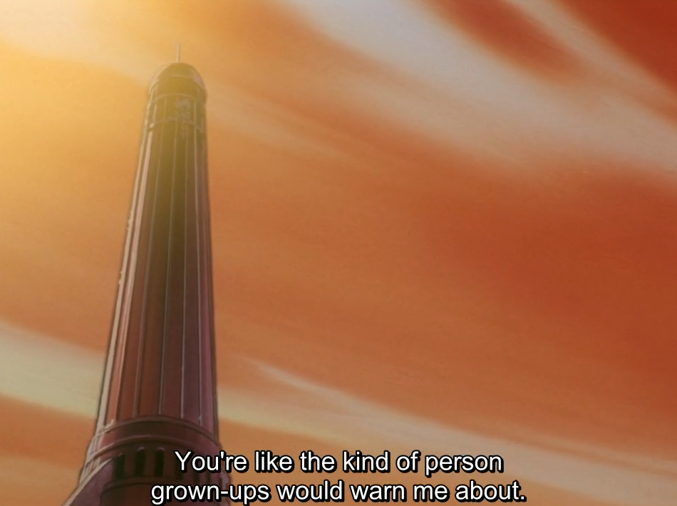 The academy’s tall tower, seen from below against a streaky orange sunset sky. The subtitle reads “You’re like the kind of person grown-ups would warn me about.”