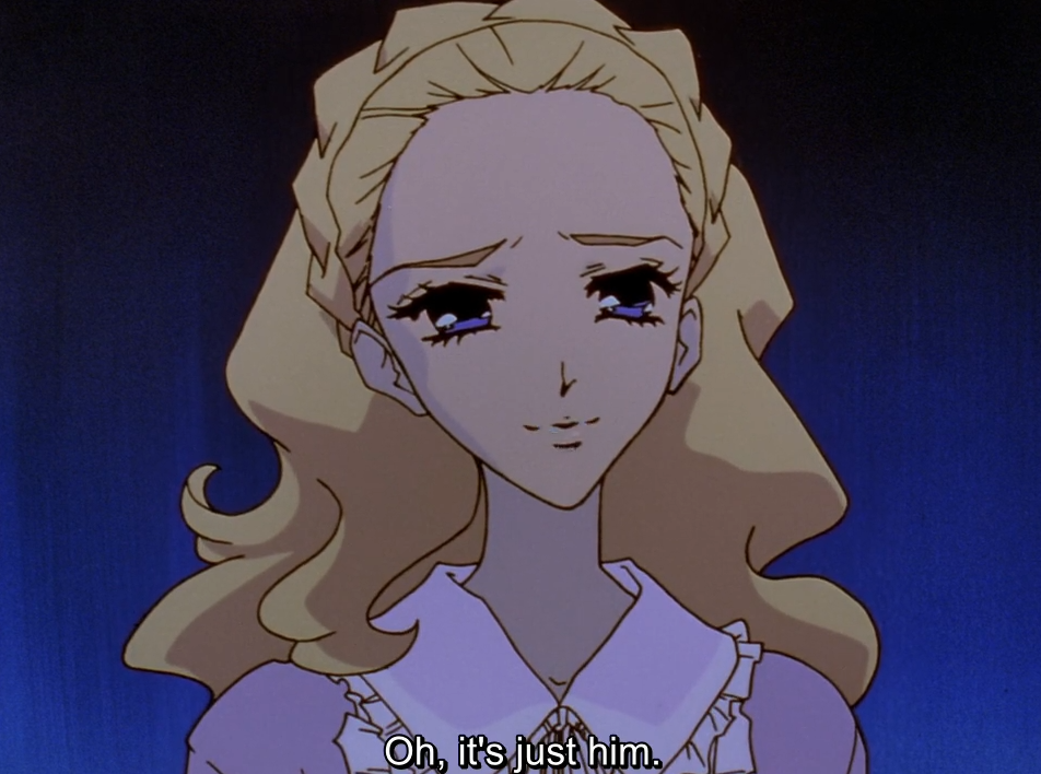 Nanami, with long blonde hair and wearing a frilly nightgown, gives a small relieved smile against a dark blue background. The subtitle reads “Oh, it’s just him.”