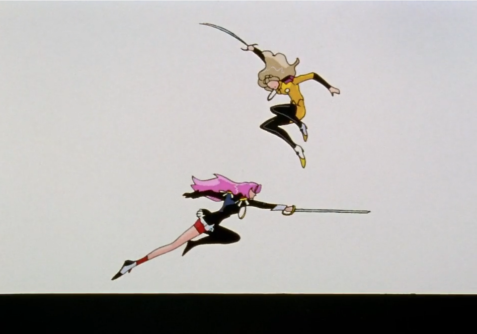 Utena and Nanami duelling against a pale background: Utena lunges forward with her sword outstretched while Nanami, in her yellow duelling outfit, leaps above her with a curved blade.