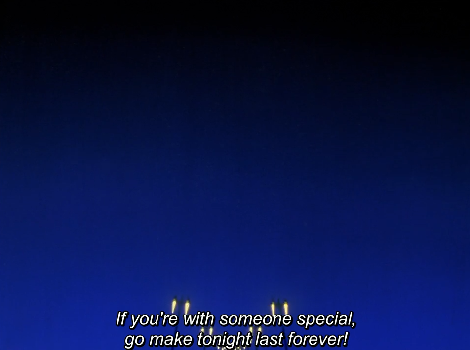A dark blue night sky fading to black, with the tops of a few lit lamps at the bottom of the frame. The subtitle reads "If you're with someone special, go make tonight last forever!"
