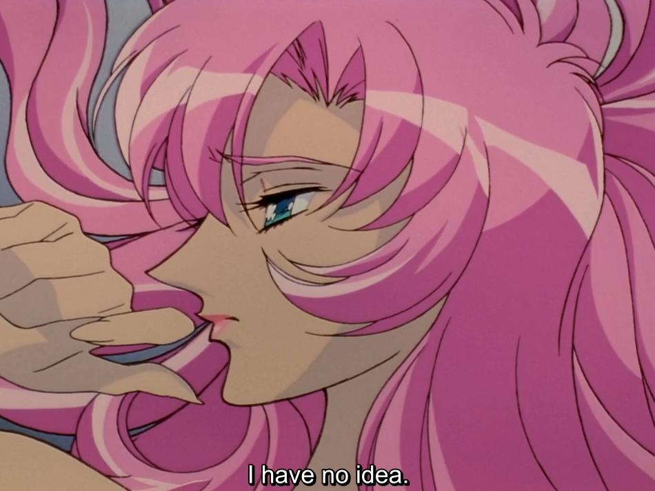 A close-up of Anthy lying on her side, her long pink hair loose, her fingers resting at her lips and her eyes half-lidded. The subtitle reads “I have no idea.”