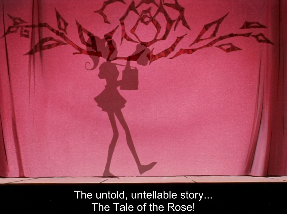 A shadow-play silhouette of a girl with pigtails and a short skirt, carrying a bag, walking across a pink stage curtain beneath a stylised rose shape. The subtitle reads "The untold, untellable story... The Tale of the Rose!"