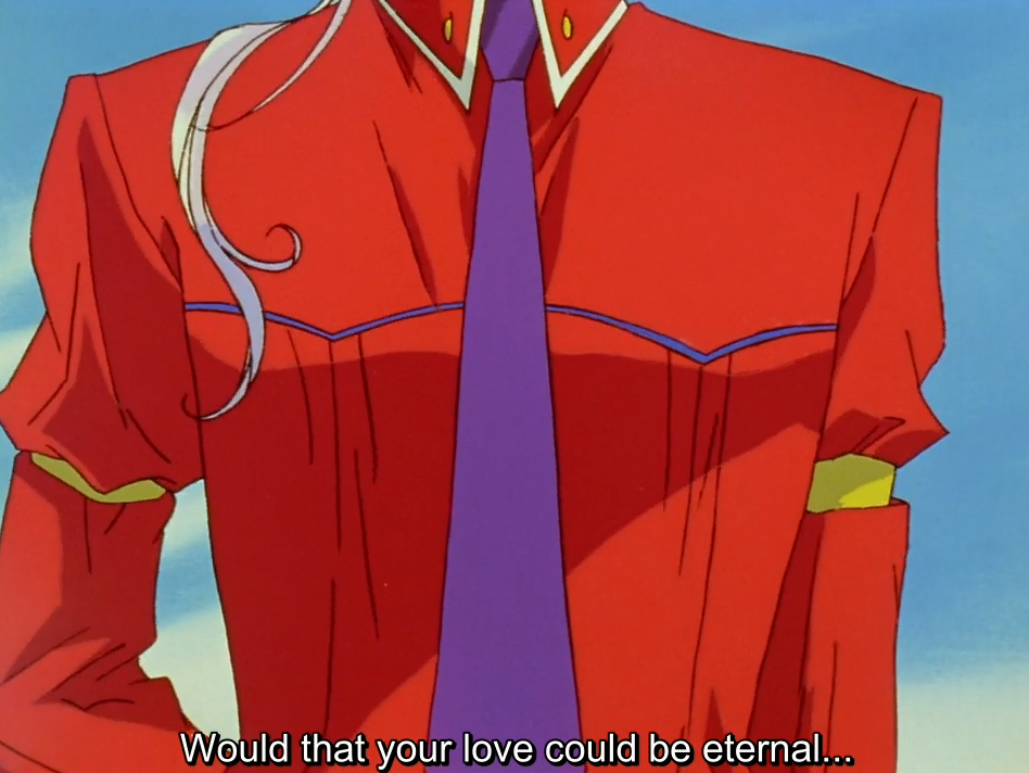 A close-up of Akio's torso in his red shirt and purple tie against a blue sky, a lock of his silver hair falling over his shoulder. The subtitle reads "Would that your love could be eternal..."