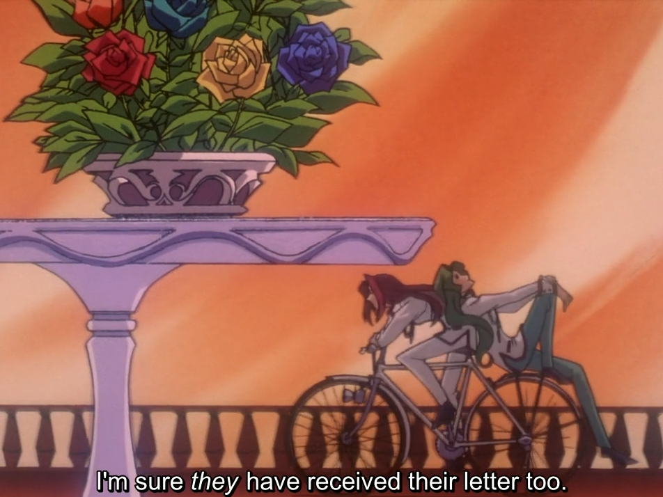 Against an orange sky, Touga rides a bicycle with Saionji lounging on the back, passing a pedestal vase of red, blue, yellow and purple roses. The subtitle reads "I'm sure they have received their letter too.", with "they" in italics.