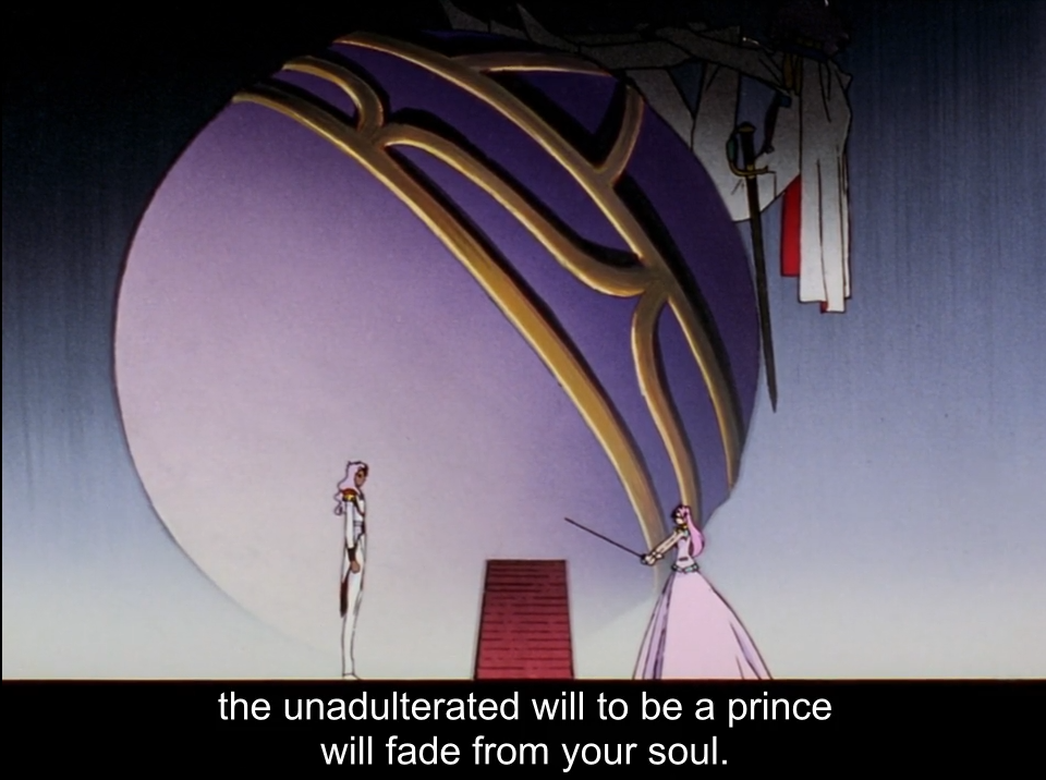 Utena, in a pink gown, points a sword at Akio, who stands in white prince's clothes, in front of a giant ornate purple sphere with an upside-down castle and sword hanging above. The subtitle reads "the unadulterated will to be a prince will fade from your soul."