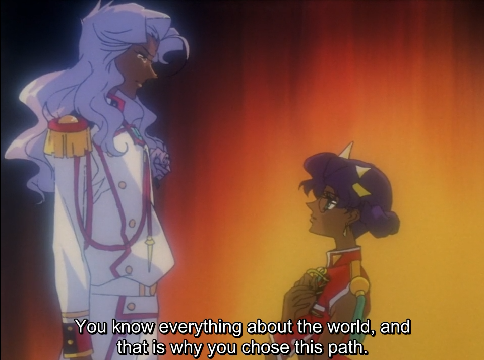 Akio, in a white prince's uniform with long lavender hair, looks down at Anthy, who wears a red dress and clutches her chest as she looks up at him against a fiery red-orange background. The subtitle reads "You know everything about the world, and that is why you chose this path."