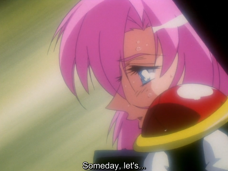 A close-up of a tearful, sweating Utena with her eyes half closed, her face against her red-and-gold shoulder pad. The subtitle reads “Someday, let’s…”