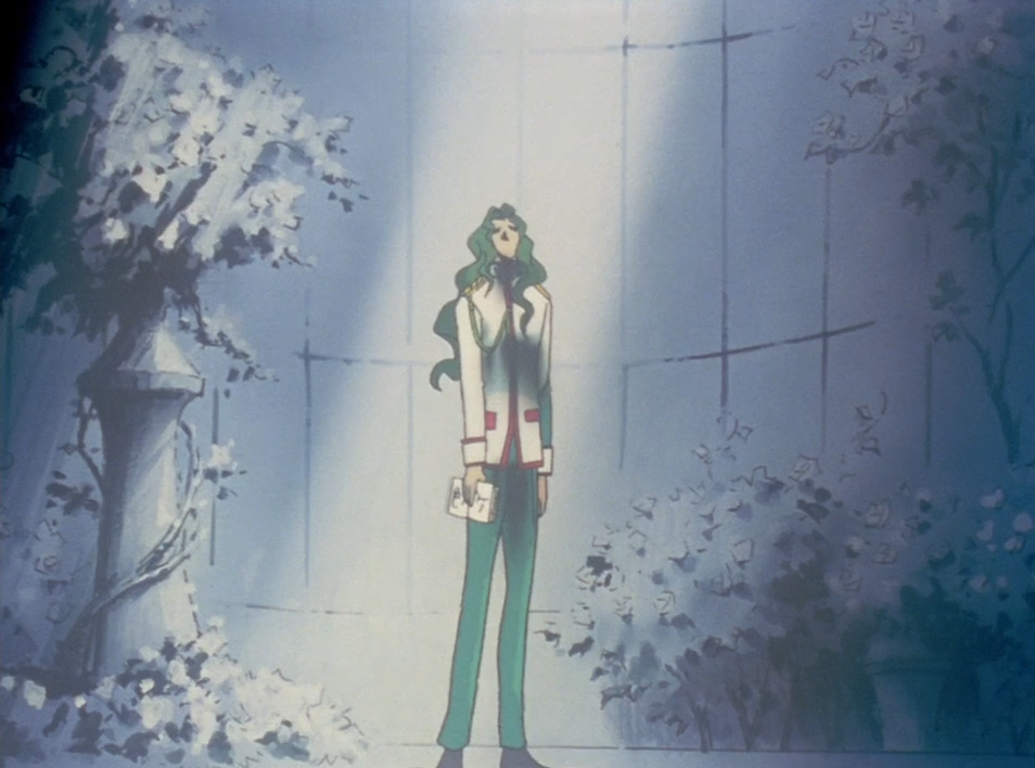 Saionji stands alone in a dim, misty greenhouse lit by a shaft of light, his head tipped back and eyes closed in a daze, holding the open diary at his side.